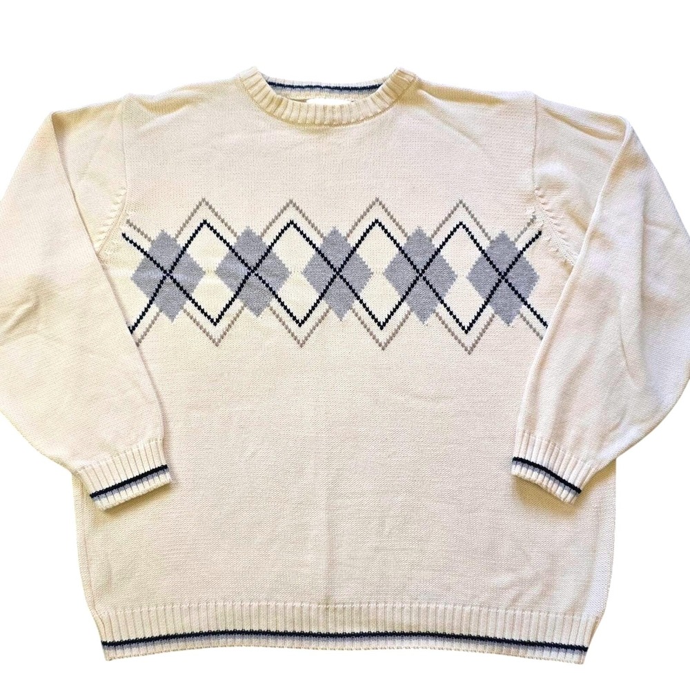 Bill Blass Men's Size XL Argyle Sweater Cream Gray Navy 100% Cotton Vintage